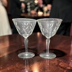 Libbey Windswept Champagne Coupes, Set of 2, Vintage‎ Stemware, Etched Cut-Glass